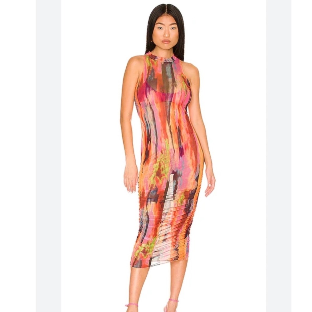 SNDYS Molly King Mesh Maxi Dress Multi Color Abstract‎ Ruched Bodycon US 4
